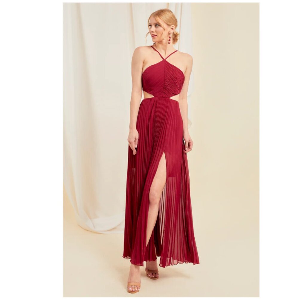 Wine Halter Pleated Cutout dress